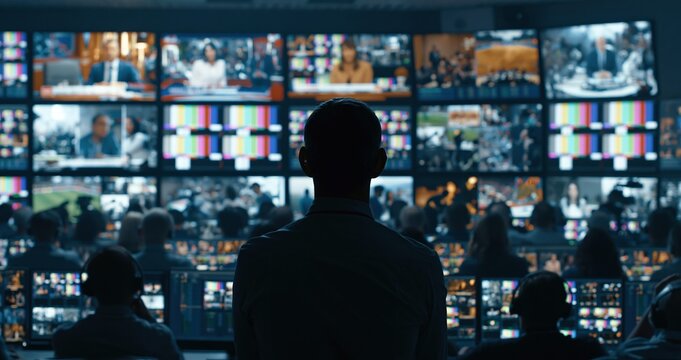 Security control room with video wall and staff silhouette