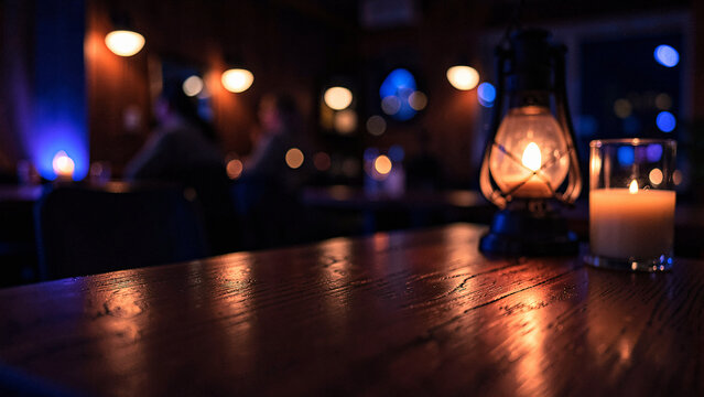 Blonde Maple Wooden Bar Top on High End Botanical Rooftop Bar with Green Foliage Blur Luxury City Bo