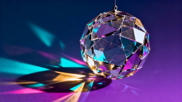 Crystal disco ball with colorful light reflections