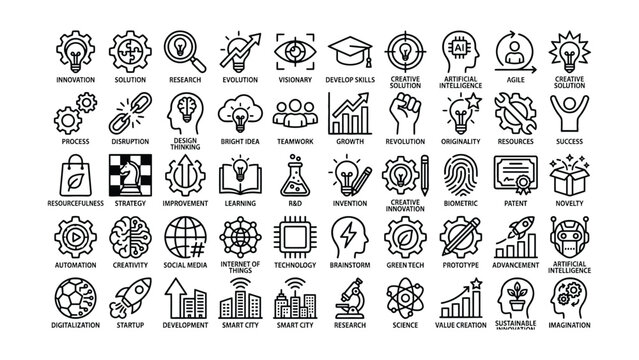 Collection of business innovation and technology icons for creative projects and presentations  various symbols and logos