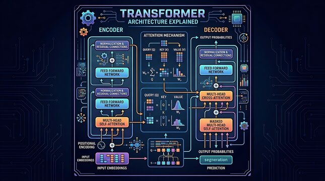 Detailed diagram of transformer neural network architecture for ai
