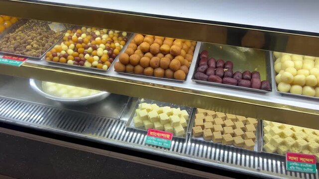 Close-up Showcase of Assorted Traditional Dairy-Based Sweets in a Bakery in Bangladesh