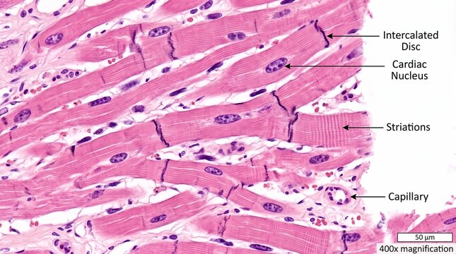 Micrograph of cardiac muscle tissue at 400x magnification showing intercalated discs, nuclei, and striations