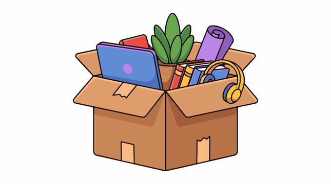 A brown cardboard box overflowing with items