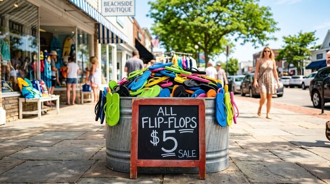 Outdoor Bin of Discounted Flip-Flops galvanized tub overflowing with colorful sandals on sunny pedestrian street suitable for seasonal clearance ads retail marketing
