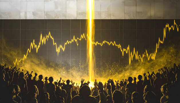 Golden stock chart rising above silhouetted crowd captures hypnotic desperate intense emotional fomo atmosphere generative AI