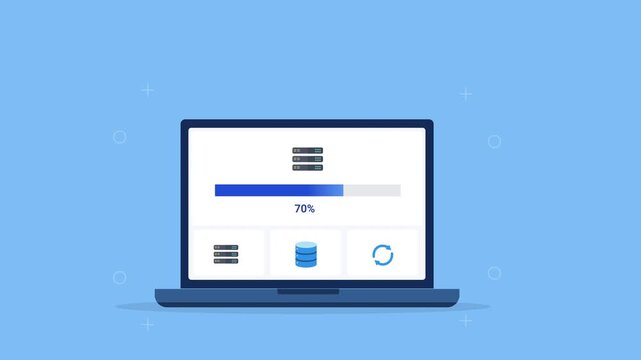 Modern flat vector animation of a laptop displaying a file management interface with document list, refresh icon, and progress bar. Ideal for software, cloud storage, workflow, and web technology proj