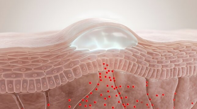 3d illustration of a skin blister, showing the separation of the epidermis from the dermis with fluid accumulation and inflammatory cells