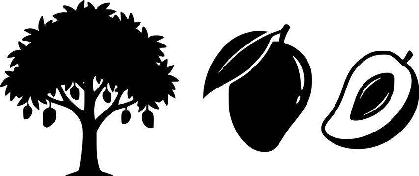 Mango tree and fruit icon set with whole and sliced mango illustration, black silhouette botanical design on white background