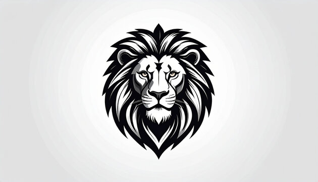 Bold lion head graphic in black and white against a simple background