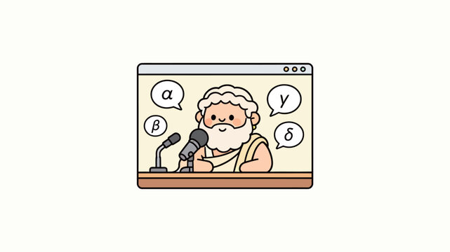 Cartoon style illustration of a bearded philosopher speaking into microphones with Greek letter speech bubbles, web browser interface, flat vector art