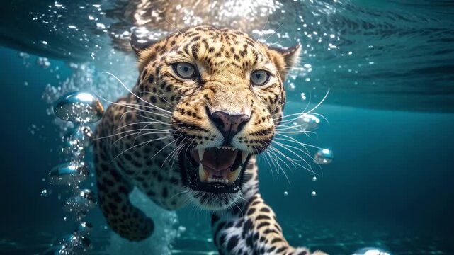 Powerful leopard swims underwater with intense expression and bubbles