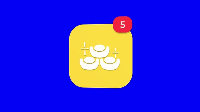 A 3D traditional ancient Chinese gold sycee ingot yuanbao wealth notification icon popping up and rotating on a blue screen chroma key background with a red number counter animation.