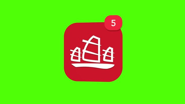 A 3D vintage Chinese junk sailing ship maritime wealth feng shui notification icon popping up and rotating on a green screen chroma key background with a red number counter animation.