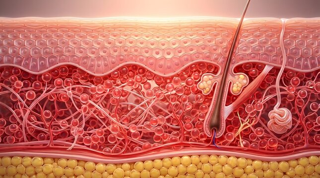 Cross section of human skin anatomy with hair follicle, sweat gland, blood vessels, and subcutaneous fat layer, 3d medical illustration
