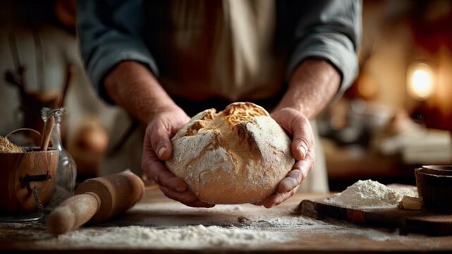 Artisanal bread loaf presented by baker on wooden surface