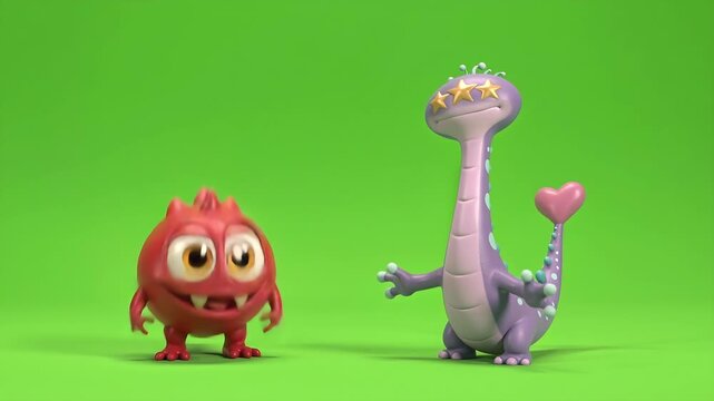 Two friendly cute monsters waving and cheering on green background. 4K Video