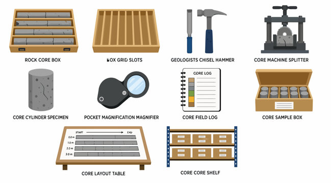 Collection of woodworking tools and materials illustration.