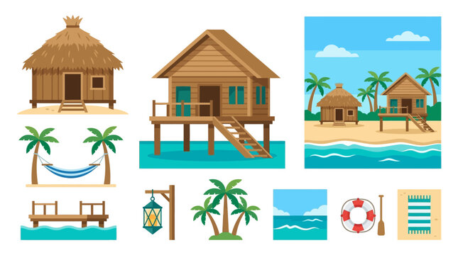 Thatched Roof Hut, Wooden Bungalow and Hammock Composition in Tropical Beach Hut Paradise Vector Asset Sheet with Clean Flat Design for Relaxing Island Living Concepts