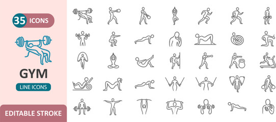 Fototapeta premium Gym fitness and exercise line icon set with exercise training athletes strength physical lifestyle collection equipment activity movement