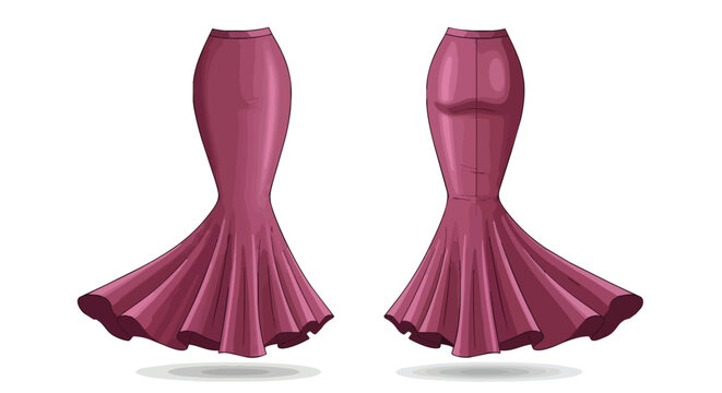 Elegant Maroon Mermaid Tail Maxi Skirt Illustration Front and Back View for Fashion Design and Apparel Mockup Template