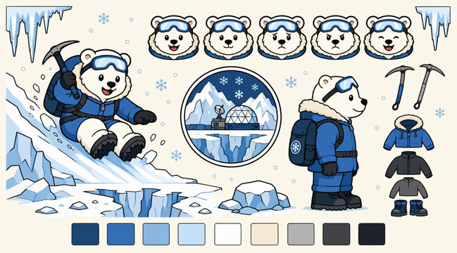 Cute Polar Bear Climbing Ice Mountain Illustration.