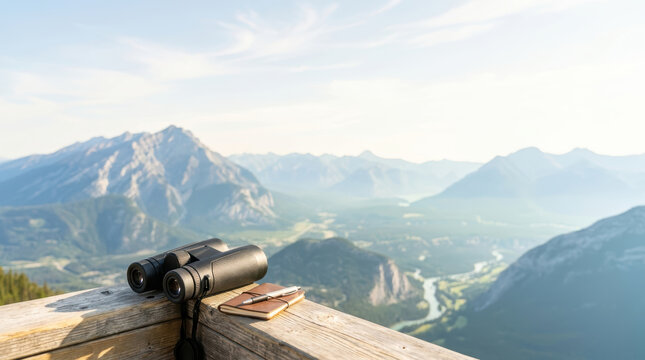 Pair Binoculars Railing overlooking mountain range wooden