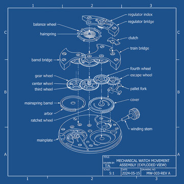 Detailed exploded view diagram showing all components of a mechanical watch movement disassembled for repair and study