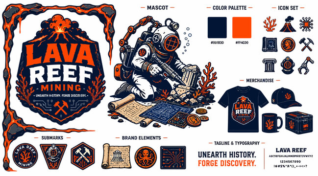 Vintage Lava Reef Mining Illustration with Icons and Apparel.
