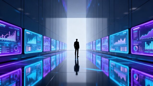 Person in corridor with data screens