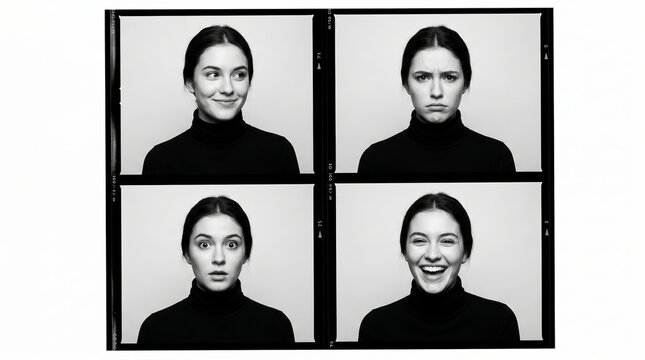 Young woman showing facial expressions in black and white contact sheet, featuring happy, sad, surprised and laughing emotions in a vintage photo booth grid