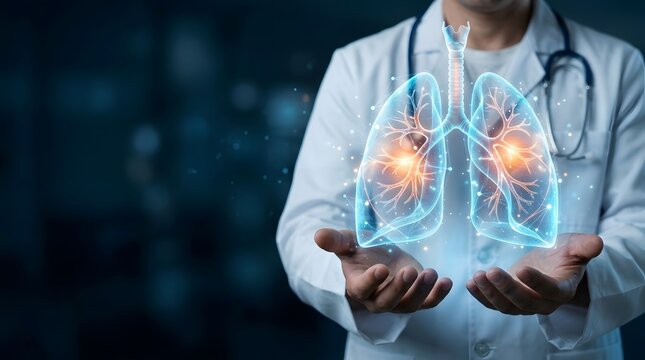 Pulmonology and respiratory health concept showing a medical professional holding glowing holographic lungs for digital diagnostics