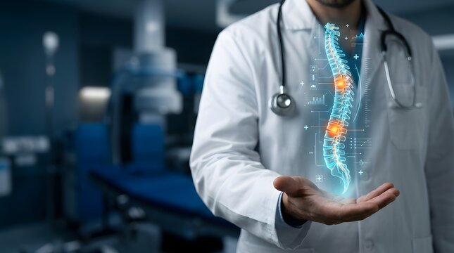 Orthopedic and chiropractic evaluation concept featuring a doctor analyzing a digital holographic spine with medical data interface