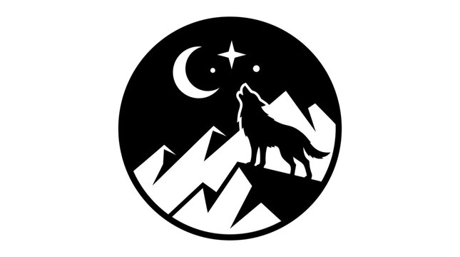 Wolf howling at moon mountain logo.