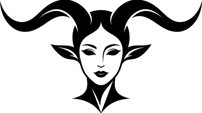 Woman face with large ram horns
