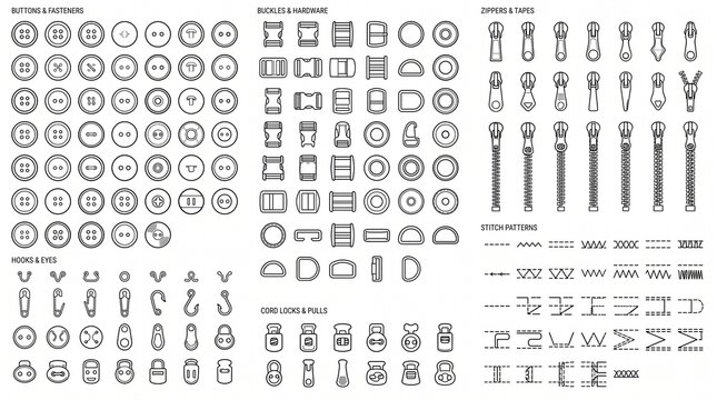 Sewing Accessories and Garment Fasteners Icon Set - Buttons, Buckles, Zippers, and Stitch Patterns