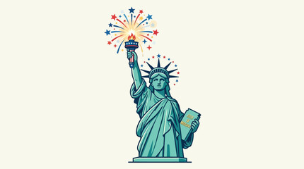 Illustration of the statue of liberty holding a torch with vibrant colorful fireworks for american independence day celebration © john