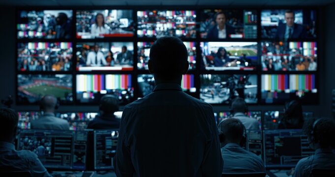 Security operator monitoring multiple video screens in control room