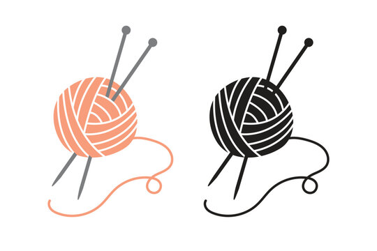 Knitting yarn ball with knitting needles, color and black silhouette vector set.