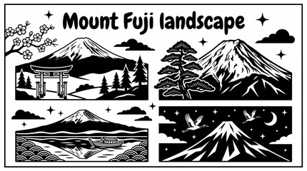Fototapeta premium Mount Fuji landscape vector collection isolated for Japanese nature, travel, tourism, mountain scenery, and cultural landscape concepts. Black and white sketch style featuring iconic volcano, clouds