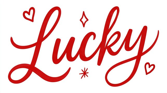 Red handwritten cursive script text lucky with big capital L, heart diamond asterisk decorative ornaments, transparent isolated backdrop for graphic design print clipart projects