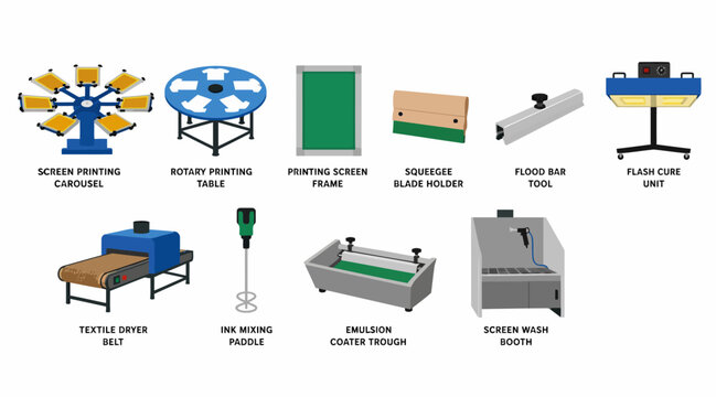 Collection of industrial printing and cutting machinery illustrations.