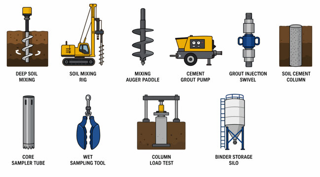Construction Equipment and Foundation Tools Illustration.