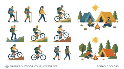 Fototapeta premium Editable vector illustration of people enjoying outdoor activities like camping and cycling