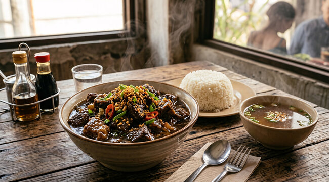 Filipino beef pares with steamed rice, soup, dumplings, tea, and dipping sauce beside a window