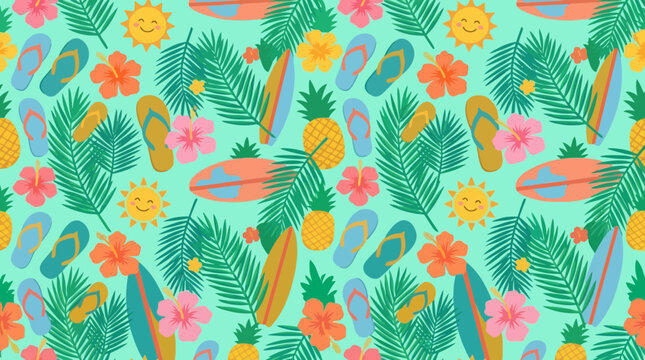 Seamless tropical pattern with palm leaves, pineapples, flip flops, flowers on isolated editable svg.
