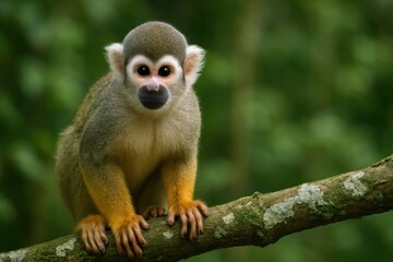 Naklejka premium Squirrel monkey perched on branch.