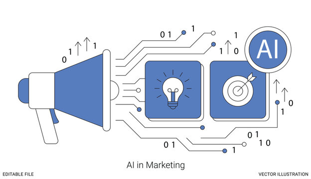 Artificial intelligence in digital marketing vector illustration with megaphone bulb target and binary code data