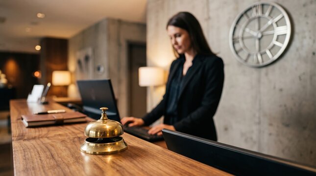 Hotel reception desk with female receptionist working on laptop, ready to assist guests.