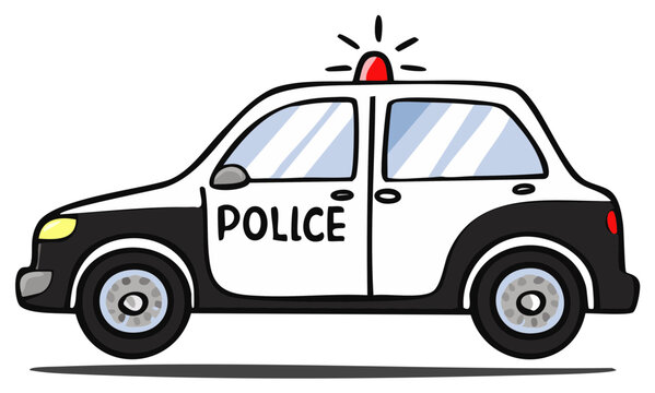 Cartoon police car illustration with lights and siren.